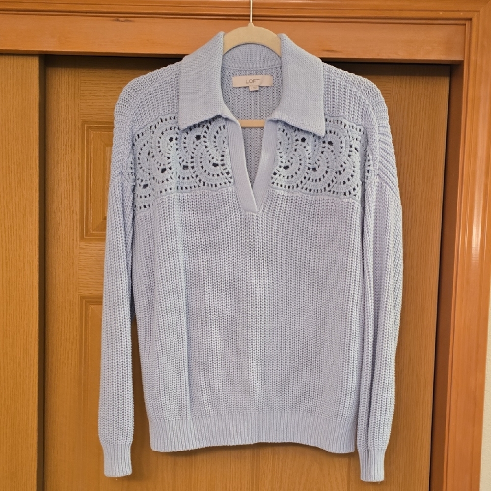LOFT Crochet Yoke Collared V‑Neck Sweater